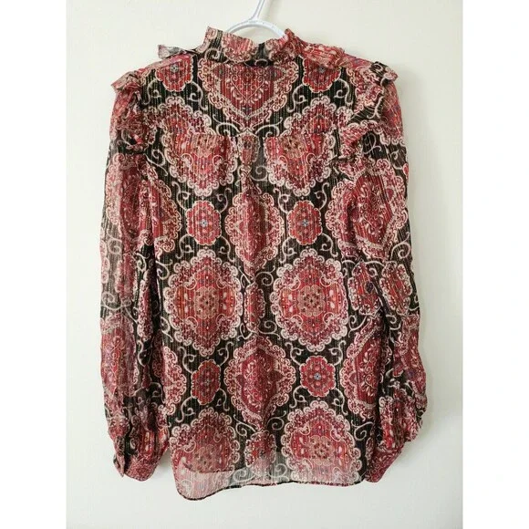 Kate Spade Womens Blouse Red Gold Black Long Sleeve Ruffles Sheer *FLAW* Size S - Picture 2 of 9